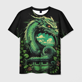 Мужская футболка 3D с принтом Зеленый яркий неоновый дракон 2024  год в Белгороде, 100% полиэфир | прямой крой, круглый вырез горловины, длина до линии бедер | 
