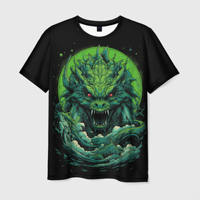 Мужская футболка 3D с принтом Зеленый яркий неоновый дракон  2024  год в Белгороде, 100% полиэфир | прямой крой, круглый вырез горловины, длина до линии бедер | 