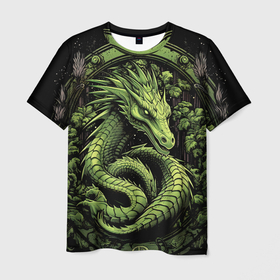 Мужская футболка 3D с принтом Зеленый яркий неоновый  дракон  2024  год в Белгороде, 100% полиэфир | прямой крой, круглый вырез горловины, длина до линии бедер | 