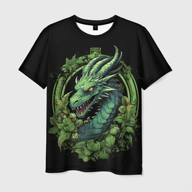 Мужская футболка 3D с принтом Зеленый  яркий  неоновый  дракон символ 2024 года в Белгороде, 100% полиэфир | прямой крой, круглый вырез горловины, длина до линии бедер | 