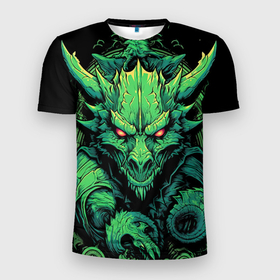 Мужская футболка 3D Slim с принтом Зеленый  яркий  неоновый  дракон символ 2024  года в Кировске, 100% полиэстер с улучшенными характеристиками | приталенный силуэт, круглая горловина, широкие плечи, сужается к линии бедра | 