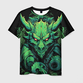 Мужская футболка 3D с принтом Зеленый  яркий  неоновый  дракон символ 2024  года в Кировске, 100% полиэфир | прямой крой, круглый вырез горловины, длина до линии бедер | 