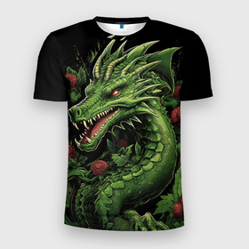 Мужская футболка 3D Slim с принтом Зеленый  яркий  неоновый  дракон символ 2024    года в Санкт-Петербурге, 100% полиэстер с улучшенными характеристиками | приталенный силуэт, круглая горловина, широкие плечи, сужается к линии бедра | 