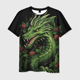 Мужская футболка 3D с принтом Зеленый  яркий  неоновый  дракон символ 2024    года в Петрозаводске, 100% полиэфир | прямой крой, круглый вырез горловины, длина до линии бедер | Тематика изображения на принте: 