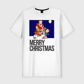 Мужская футболка хлопок Slim с принтом Merry Christmas Simpsons в Белгороде, 92% хлопок, 8% лайкра | приталенный силуэт, круглый вырез ворота, длина до линии бедра, короткий рукав | Тематика изображения на принте: 