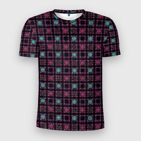 Мужская футболка 3D Slim с принтом Тёмно розовый полосы квадратики в Петрозаводске, 100% полиэстер с улучшенными характеристиками | приталенный силуэт, круглая горловина, широкие плечи, сужается к линии бедра | 