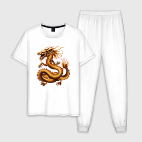 Мужская пижама хлопок с принтом Золотой восточный дракон в Кировске, 100% хлопок | брюки и футболка прямого кроя, без карманов, на брюках мягкая резинка на поясе и по низу штанин
 | 