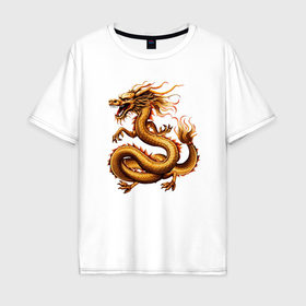 Мужская футболка хлопок Oversize с принтом Золотой восточный дракон в Белгороде, 100% хлопок | свободный крой, круглый ворот, “спинка” длиннее передней части | Тематика изображения на принте: 