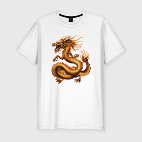 Мужская футболка хлопок Slim с принтом Золотой восточный дракон в Белгороде, 92% хлопок, 8% лайкра | приталенный силуэт, круглый вырез ворота, длина до линии бедра, короткий рукав | Тематика изображения на принте: 
