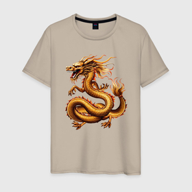 Мужская футболка хлопок с принтом Золотой восточный дракон в Санкт-Петербурге, 100% хлопок | прямой крой, круглый вырез горловины, длина до линии бедер, слегка спущенное плечо. | 