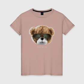 Женская футболка хлопок с принтом Плюшевый медведь stay relax в Кировске, 100% хлопок | прямой крой, круглый вырез горловины, длина до линии бедер, слегка спущенное плечо | 