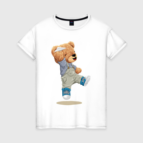 Женская футболка хлопок с принтом Плюшевый медведь с самолетиком в Петрозаводске, 100% хлопок | прямой крой, круглый вырез горловины, длина до линии бедер, слегка спущенное плечо | 