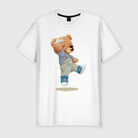 Мужская футболка хлопок Slim с принтом Плюшевый медведь с самолетиком в Курске, 92% хлопок, 8% лайкра | приталенный силуэт, круглый вырез ворота, длина до линии бедра, короткий рукав | 