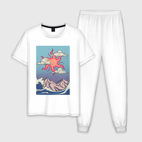 Мужская пижама хлопок с принтом Солнце над горами и морем в Курске, 100% хлопок | брюки и футболка прямого кроя, без карманов, на брюках мягкая резинка на поясе и по низу штанин
 | Тематика изображения на принте: 