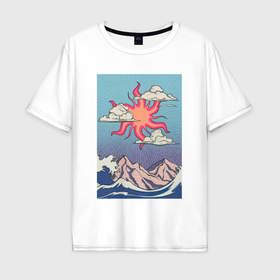 Мужская футболка хлопок Oversize с принтом Солнце над горами и морем в Курске, 100% хлопок | свободный крой, круглый ворот, “спинка” длиннее передней части | Тематика изображения на принте: 