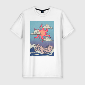 Мужская футболка хлопок Slim с принтом Солнце над горами и морем в Курске, 92% хлопок, 8% лайкра | приталенный силуэт, круглый вырез ворота, длина до линии бедра, короткий рукав | Тематика изображения на принте: 