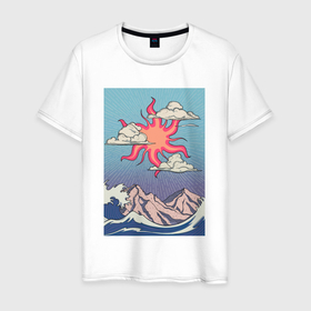 Мужская футболка хлопок с принтом Солнце над горами и морем в Курске, 100% хлопок | прямой крой, круглый вырез горловины, длина до линии бедер, слегка спущенное плечо. | Тематика изображения на принте: 