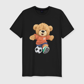 Мужская футболка хлопок Slim с принтом Плюшевый медвежонок футболист в Курске, 92% хлопок, 8% лайкра | приталенный силуэт, круглый вырез ворота, длина до линии бедра, короткий рукав | 