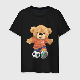 Мужская футболка хлопок с принтом Плюшевый медвежонок футболист в Белгороде, 100% хлопок | прямой крой, круглый вырез горловины, длина до линии бедер, слегка спущенное плечо. | 