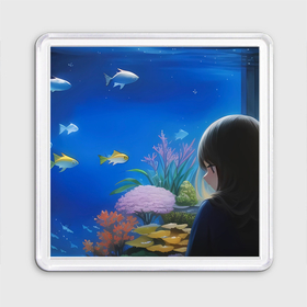 Магнит 55*55 с принтом Девушка смотрит на рыб в аквариуме в Тюмени, Пластик | Размер: 65*65 мм; Размер печати: 55*55 мм | 