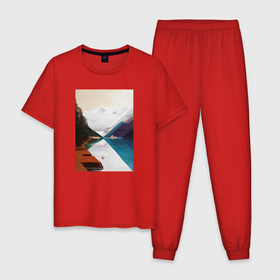 Мужская пижама хлопок с принтом Горы графическая абстракция в Белгороде, 100% хлопок | брюки и футболка прямого кроя, без карманов, на брюках мягкая резинка на поясе и по низу штанин
 | 