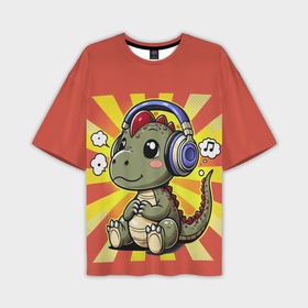 Мужская футболка oversize 3D с принтом Милый дракончик динозаврик в наушниках в Петрозаводске,  |  | 