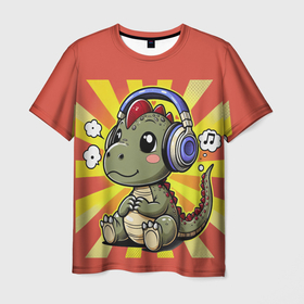 Мужская футболка 3D с принтом Милый дракончик динозаврик в наушниках в Кировске, 100% полиэфир | прямой крой, круглый вырез горловины, длина до линии бедер | Тематика изображения на принте: 