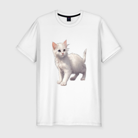 Мужская футболка хлопок Slim с принтом Белый котенок в топе , 92% хлопок, 8% лайкра | приталенный силуэт, круглый вырез ворота, длина до линии бедра, короткий рукав | 