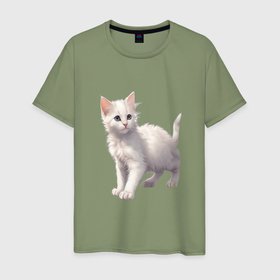 Мужская футболка хлопок с принтом Белый котенок в топе в Тюмени, 100% хлопок | прямой крой, круглый вырез горловины, длина до линии бедер, слегка спущенное плечо. | 