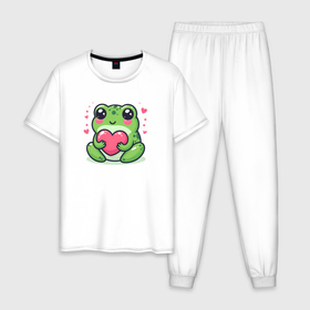 Мужская пижама хлопок с принтом Милая лягушка с сердечком в Тюмени, 100% хлопок | брюки и футболка прямого кроя, без карманов, на брюках мягкая резинка на поясе и по низу штанин
 | 