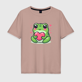 Мужская футболка хлопок Oversize с принтом Милая лягушка с сердечком в Тюмени, 100% хлопок | свободный крой, круглый ворот, “спинка” длиннее передней части | 