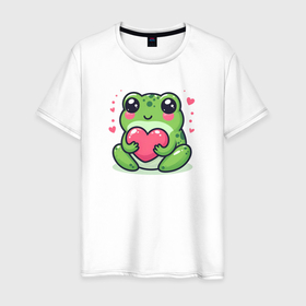 Мужская футболка хлопок с принтом Милая лягушка с сердечком , 100% хлопок | прямой крой, круглый вырез горловины, длина до линии бедер, слегка спущенное плечо. | 