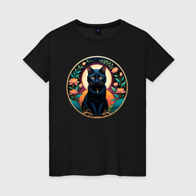 Женская футболка хлопок с принтом Черный котик любуется цветами в Санкт-Петербурге, 100% хлопок | прямой крой, круглый вырез горловины, длина до линии бедер, слегка спущенное плечо | 