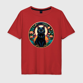 Мужская футболка хлопок Oversize с принтом Черный котик любуется цветами в Кировске, 100% хлопок | свободный крой, круглый ворот, “спинка” длиннее передней части | 
