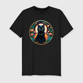 Мужская футболка хлопок Slim с принтом Черный котик любуется цветами в Санкт-Петербурге, 92% хлопок, 8% лайкра | приталенный силуэт, круглый вырез ворота, длина до линии бедра, короткий рукав | Тематика изображения на принте: 