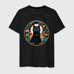 Мужская футболка хлопок с принтом Черный котик любуется цветами в Тюмени, 100% хлопок | прямой крой, круглый вырез горловины, длина до линии бедер, слегка спущенное плечо. | 