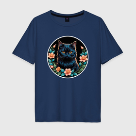 Мужская футболка хлопок Oversize с принтом Персидский кот смотрит на цветы в Тюмени, 100% хлопок | свободный крой, круглый ворот, “спинка” длиннее передней части | 