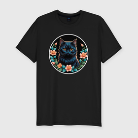 Мужская футболка хлопок Slim с принтом Персидский кот смотрит на цветы в Тюмени, 92% хлопок, 8% лайкра | приталенный силуэт, круглый вырез ворота, длина до линии бедра, короткий рукав | 