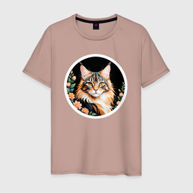 Мужская футболка хлопок с принтом Кот породы Мейн Кун любуется цветами в Тюмени, 100% хлопок | прямой крой, круглый вырез горловины, длина до линии бедер, слегка спущенное плечо. | 