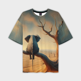 Мужская футболка oversize 3D с принтом Слон сидит на ветке сухого дерева в Новосибирске,  |  | 
