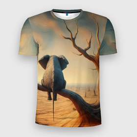 Мужская футболка 3D Slim с принтом Слон сидит на ветке сухого дерева в Белгороде, 100% полиэстер с улучшенными характеристиками | приталенный силуэт, круглая горловина, широкие плечи, сужается к линии бедра | 