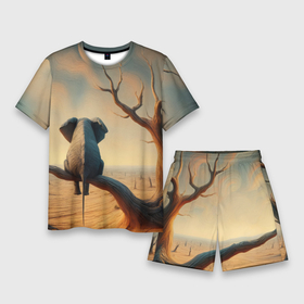 Мужской костюм с шортами 3D с принтом Слон сидит на ветке сухого дерева ,  |  | 