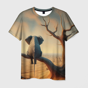Мужская футболка 3D с принтом Слон сидит на ветке сухого дерева , 100% полиэфир | прямой крой, круглый вырез горловины, длина до линии бедер | 