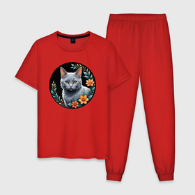 Мужская пижама хлопок с принтом Серый кот любуется цветами в Санкт-Петербурге, 100% хлопок | брюки и футболка прямого кроя, без карманов, на брюках мягкая резинка на поясе и по низу штанин
 | 
