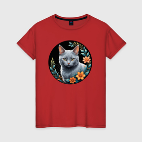 Женская футболка хлопок с принтом Серый кот любуется цветами в Санкт-Петербурге, 100% хлопок | прямой крой, круглый вырез горловины, длина до линии бедер, слегка спущенное плечо | 