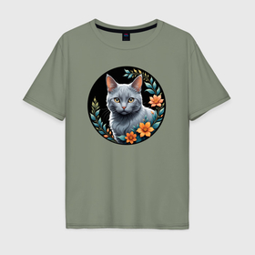 Мужская футболка хлопок Oversize с принтом Серый кот любуется цветами в Петрозаводске, 100% хлопок | свободный крой, круглый ворот, “спинка” длиннее передней части | 