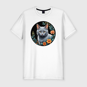 Мужская футболка хлопок Slim с принтом Серый кот любуется цветами в Новосибирске, 92% хлопок, 8% лайкра | приталенный силуэт, круглый вырез ворота, длина до линии бедра, короткий рукав | 