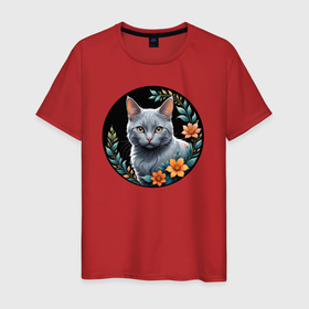 Мужская футболка хлопок с принтом Серый кот любуется цветами в Кировске, 100% хлопок | прямой крой, круглый вырез горловины, длина до линии бедер, слегка спущенное плечо. | 
