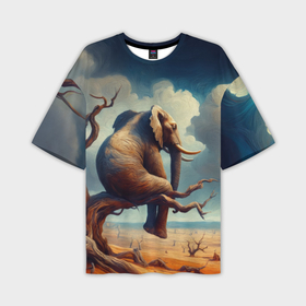 Мужская футболка oversize 3D с принтом Слон сидит на ветке дерева в пустыне в Санкт-Петербурге,  |  | 