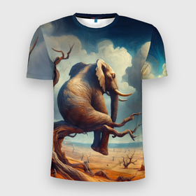 Мужская футболка 3D Slim с принтом Слон сидит на ветке дерева в пустыне в Белгороде, 100% полиэстер с улучшенными характеристиками | приталенный силуэт, круглая горловина, широкие плечи, сужается к линии бедра | 